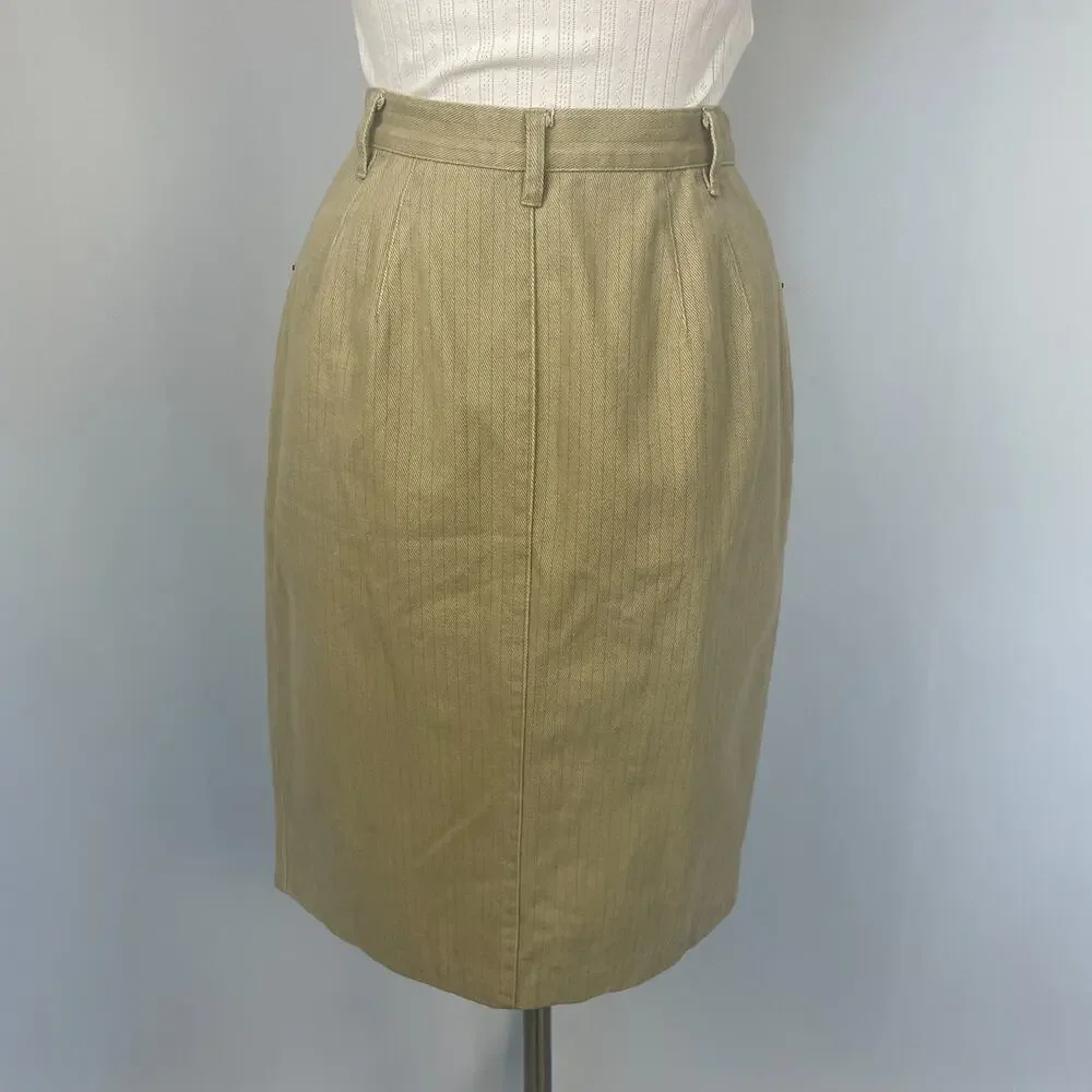 Vintage Button Front Skirt Size 10 Khaki Tan Pinstripe Minimal Rodeo Western 90s
